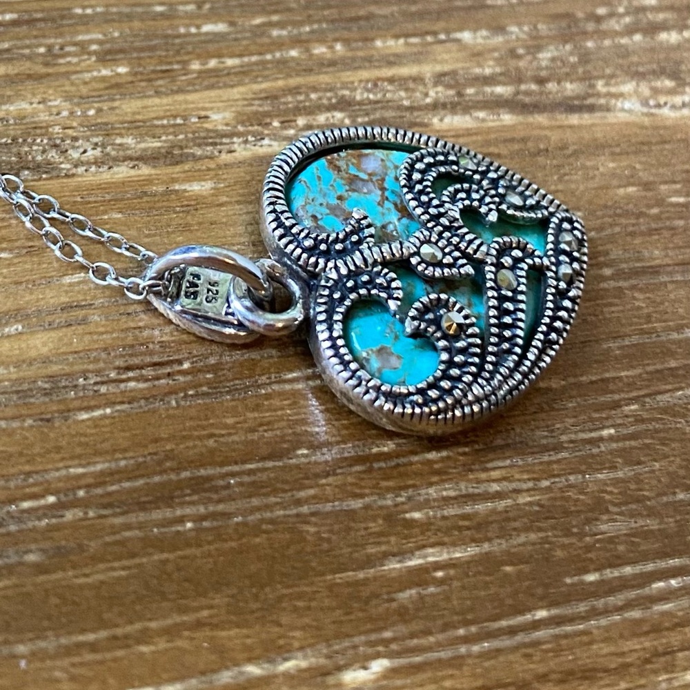 Turquoise & Marcasite Detailing Heart Pendant .925 Silver Necklace